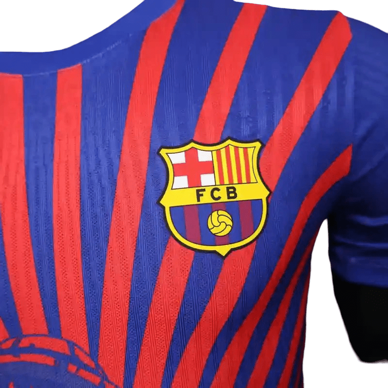 Barcelona anime jersey with Luffy character in dynamic sunburst radiating design