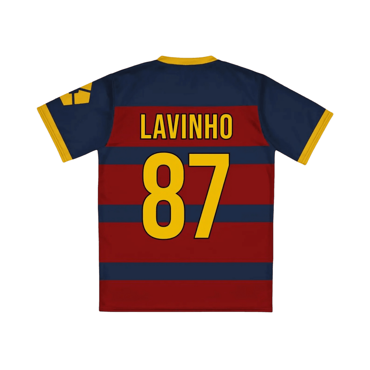 FC Barcha Jersey – Blue Lock with 'LAVINHO 87' on a blue and red striped background