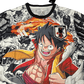 Bold Luffy soccer jersey with authentic One Piece manga panels creating detailed background story