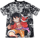 One Piece manga collage jersey showing Luffy red vest action pose with authentic story panels