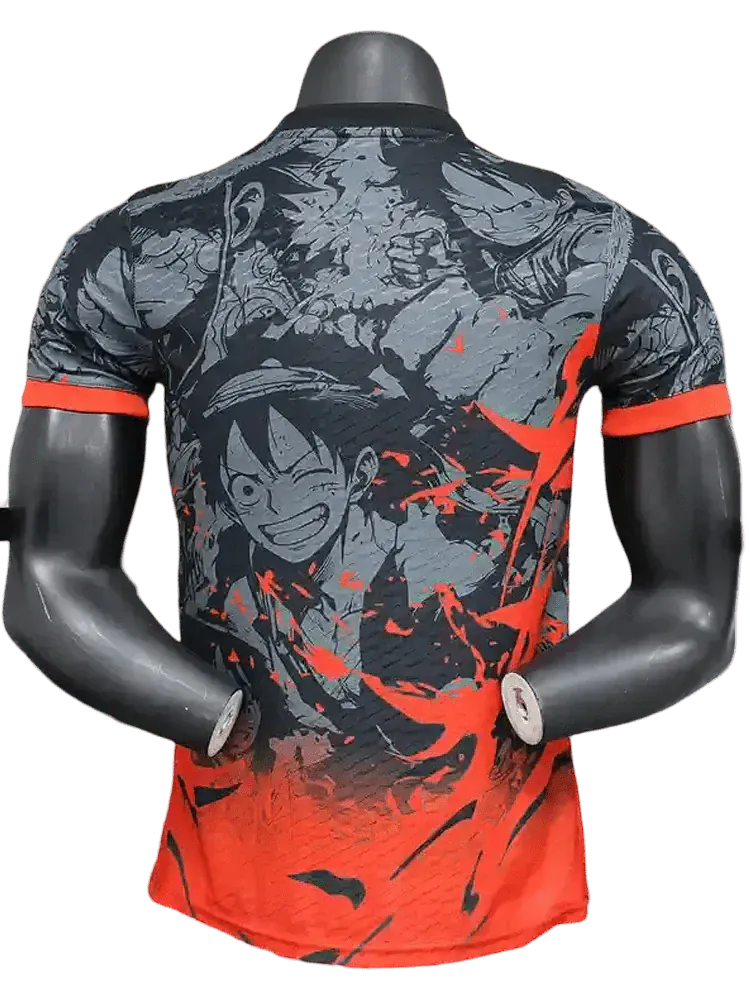 One Piece Luffy Gear 2 soccer jersey featuring Second Gear steam artwork and Japan football badge