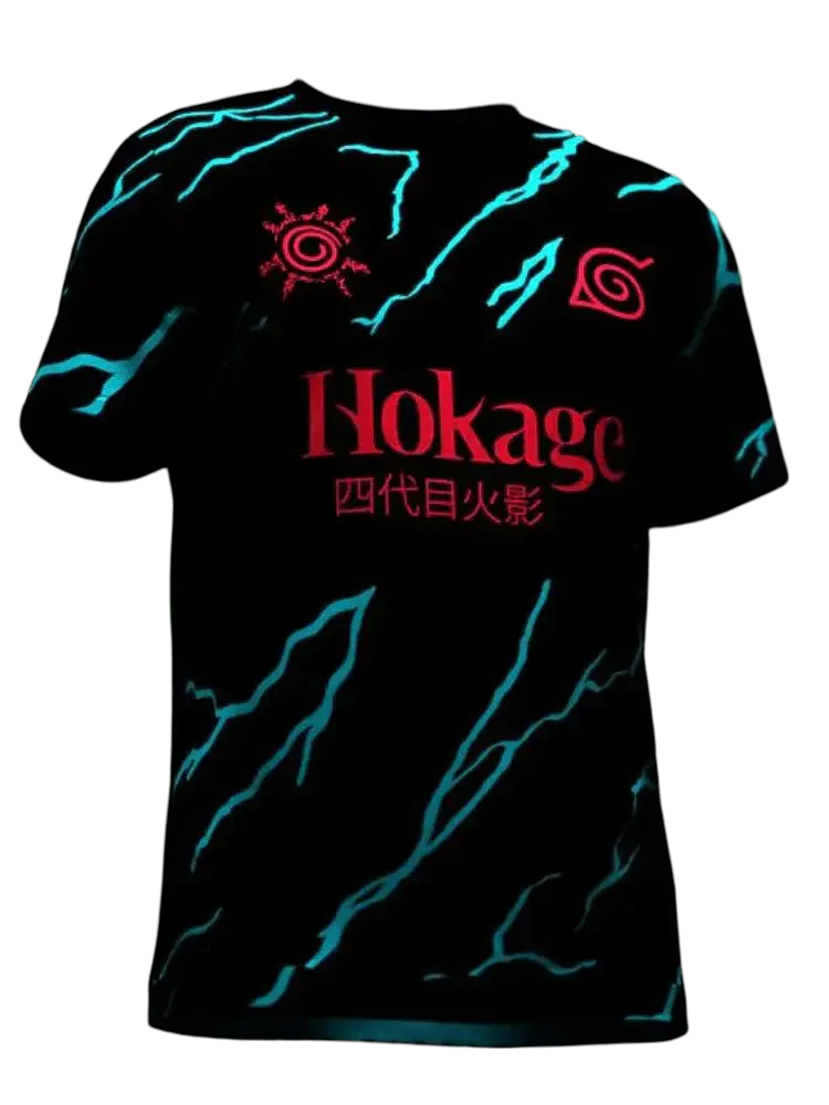Naruto Hokage Black Jersey with electric cyan energy and Fourth Hokage calligraphy representing leadership evolution by NipponKits