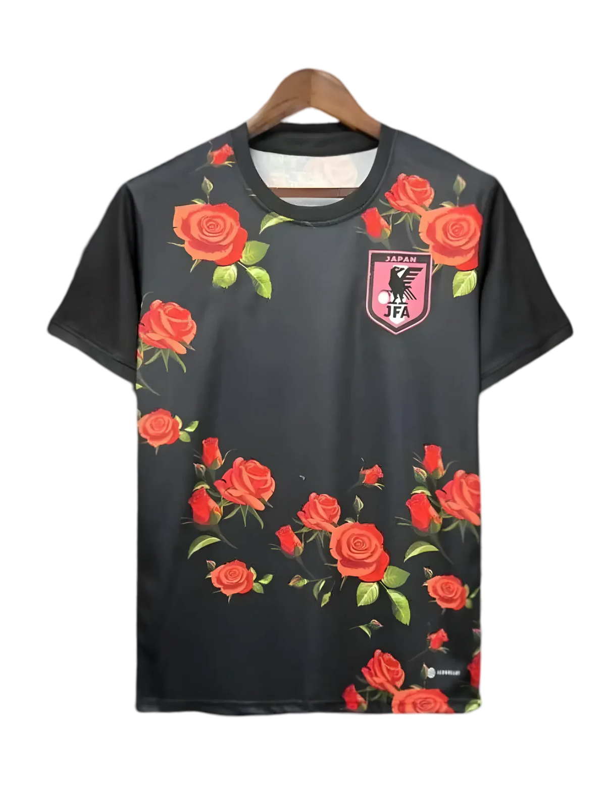 Japan black football shirt featuring red rose pattern design with botanical graphics and sophisticated black base colorway