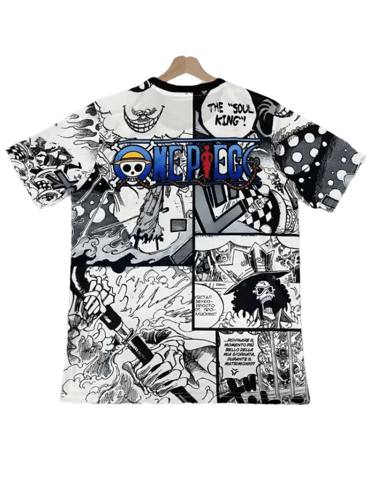 One Piece Brook t shirt featuring skeletal musician with top hat and detailed story panels