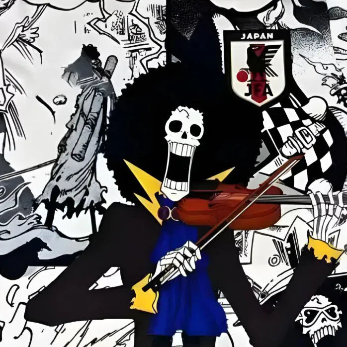 Premium Brook soccer jersey showcasing gentleman skeleton with blue accents and manga artwork