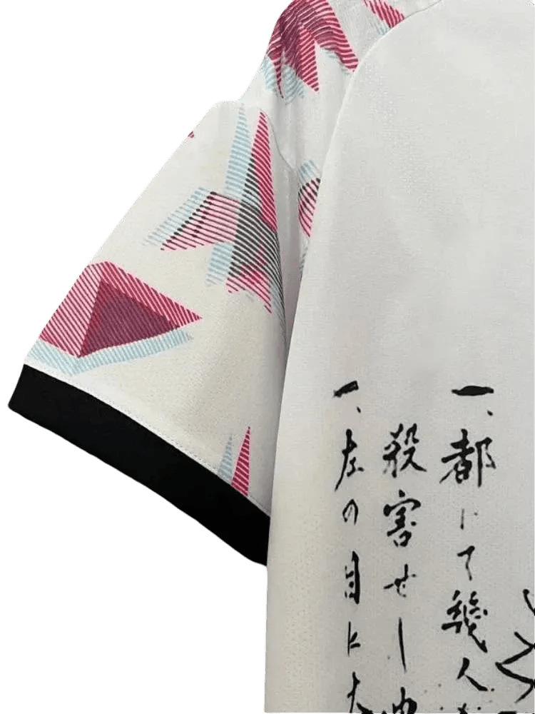 Zoro soccer jersey with intense character expression, red katakana writing, and subtle pink accents