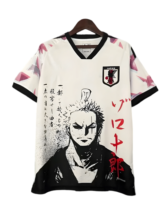 Roronoa Zoro Jersey with minimalist black white artwork and red Japanese katakana calligraphy