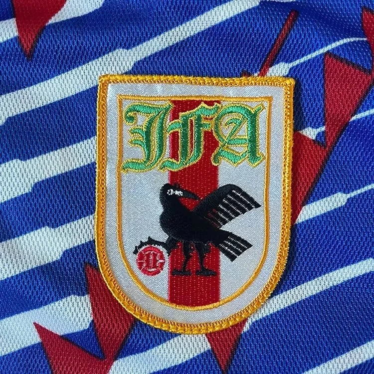 1994 Japan home kit blue long sleeve asics football jersey with white red stripes
