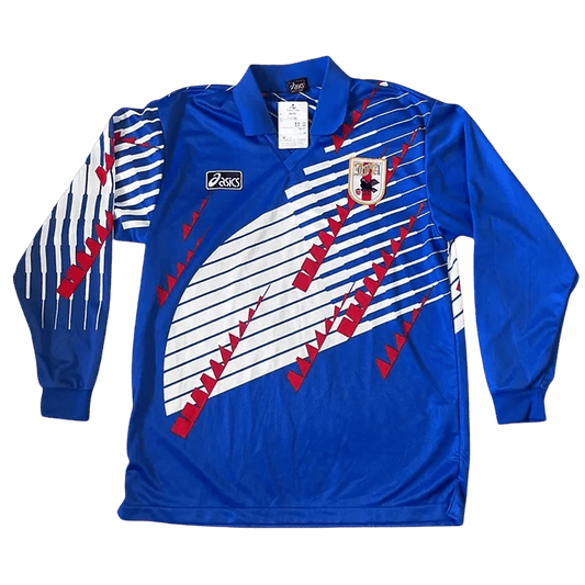 Japan 1994 home blue long sleeve jersey asics retro diagonal stripe pattern front
