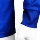 Close-up of blue pants with a white background