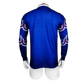Blue sports jersey with white and red patterns on a mannequin against a white background