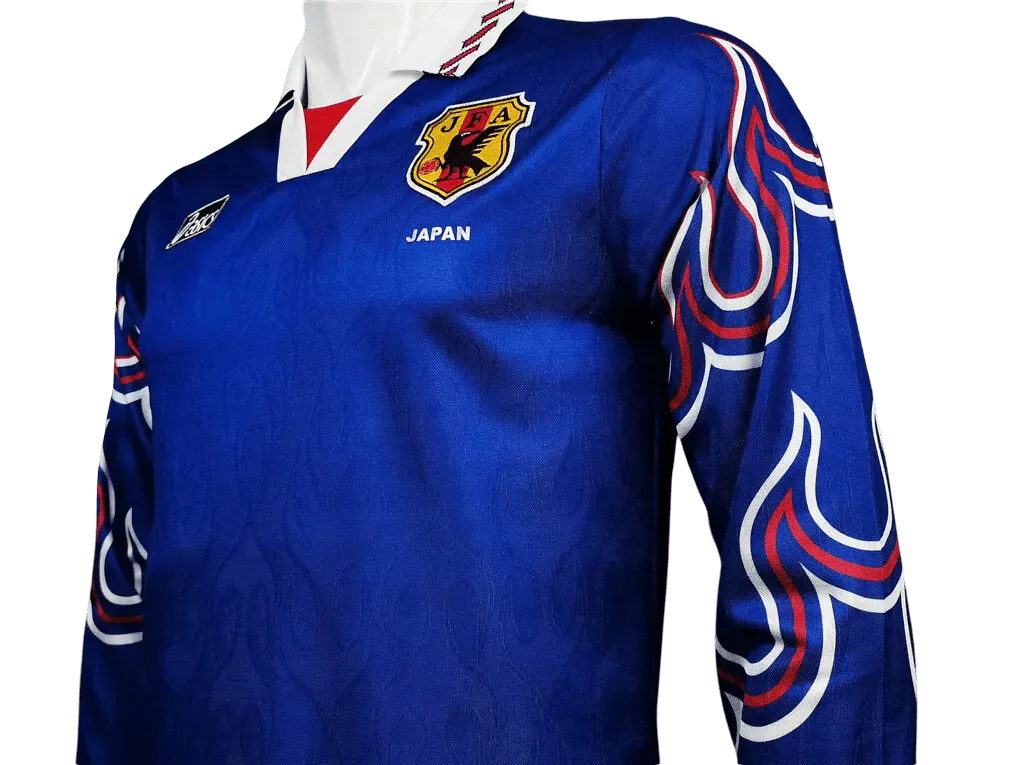 Blue sports jersey with flame designs on sleeves, featuring a logo and 'Japan' text.