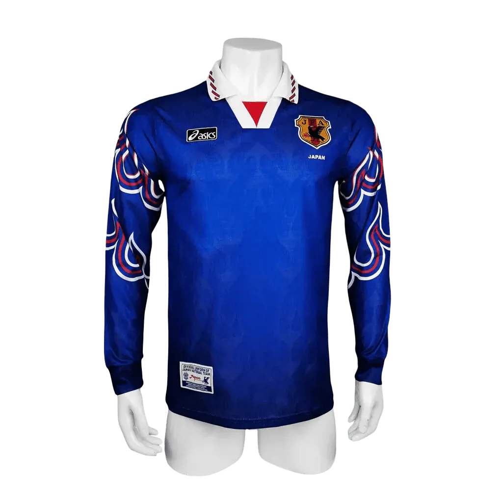Japan 1996 home blue long sleeve jersey asics retro flame sleeve pattern front
