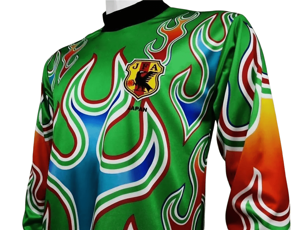 Premium 1998 japan goalkeeper green long sleeve football shirt asics ornate flame design
