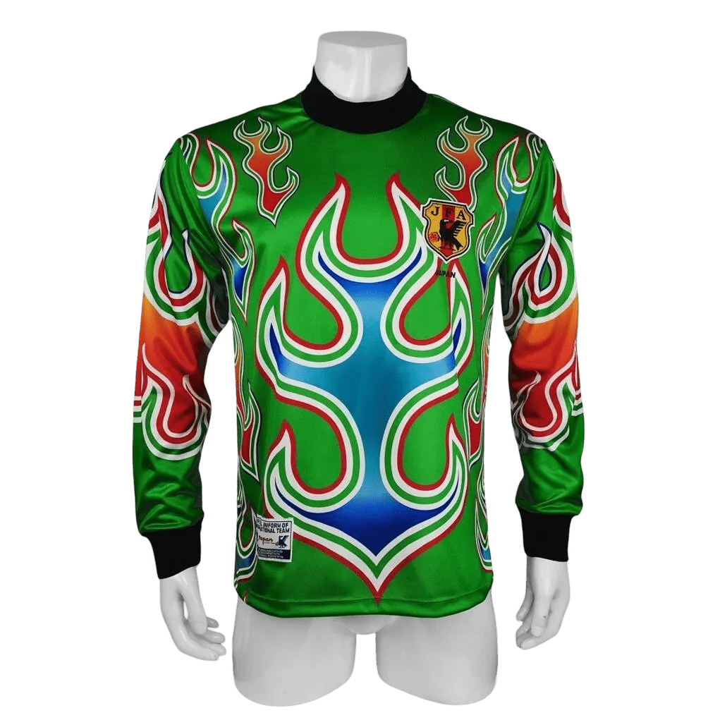 Japan 1998 goalkeeper green long sleeve jersey asics Kawaguchi World Cup ornate flame pattern front
