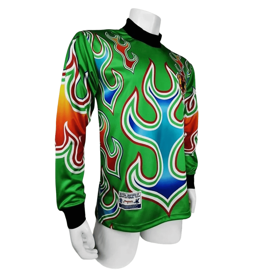 1998 Japan World Cup goalkeeper kit green long sleeve asics football jersey with red white blue flames

