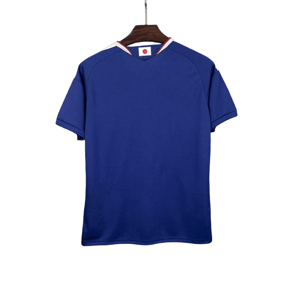 Back view of Japan 2026 world cup kit fan edition showing wave pattern across shoulders and Samurai blue color