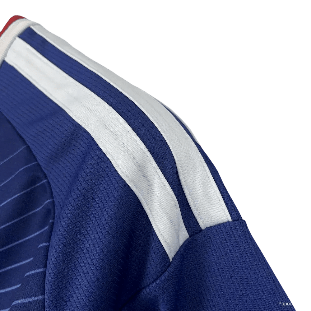 Samurai blue premium polyester fabric on Japan 2026 home jersey fan version showing OEKO-TEX certified comfort quality