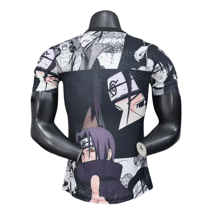 Japan jersey showcasing Itachi Uchiha complexity through manga collage design with multiple character phases and expressions