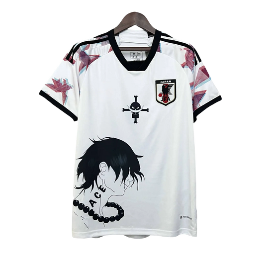 Ace White Jersey with artistic black and white portrait of Portgas D Ace and pink sleeve accents
