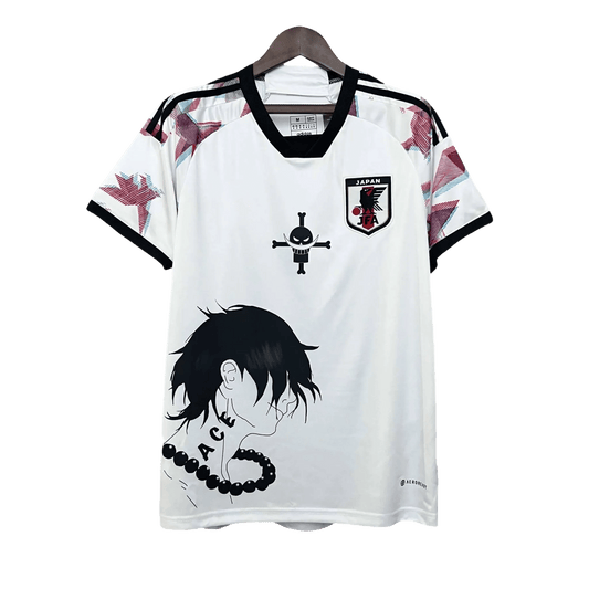 Ace White Jersey with artistic black and white portrait of Portgas D Ace and pink sleeve accents