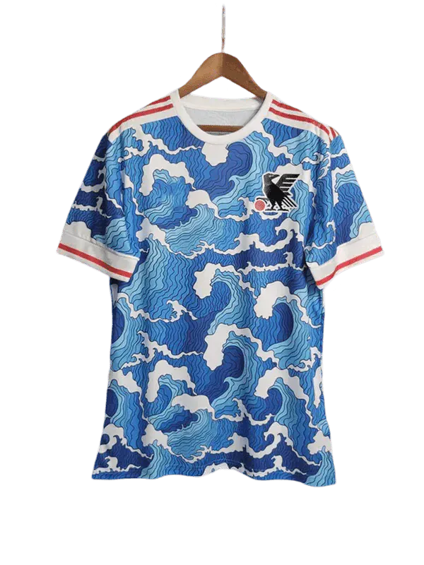 Japan football shirt waves featuring iconic Hokusai Great Wave pattern with traditional blue and white cultural design