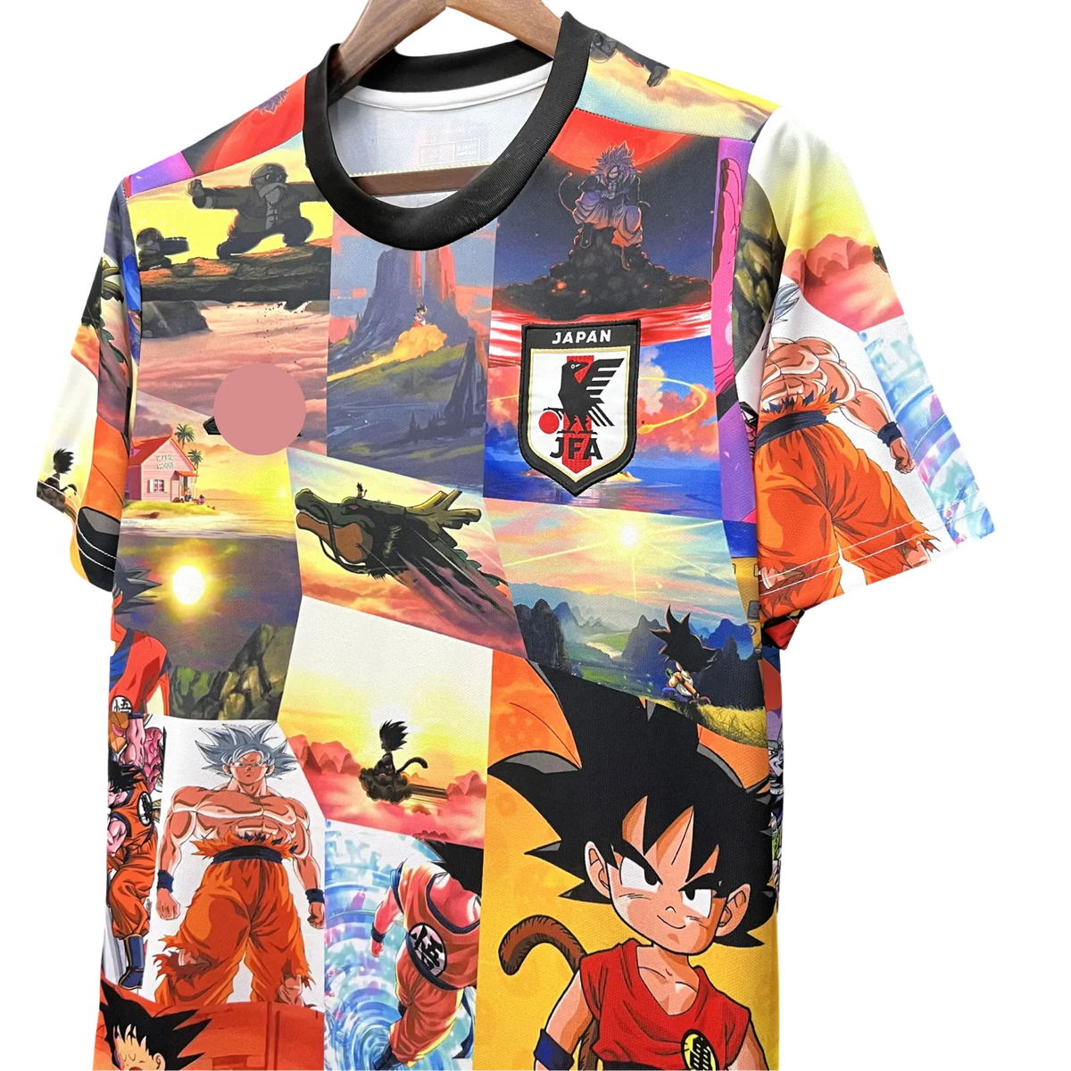 Japan soccer jersey with Goku special edition collage design combining multiple Dragon Ball story elements