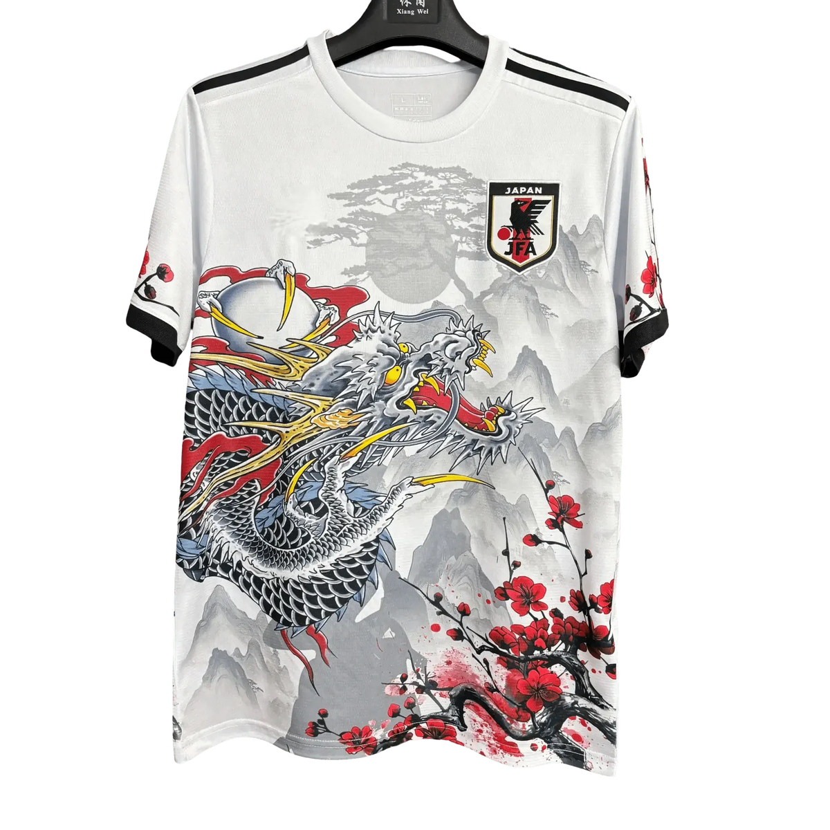 silver japanese dragon artwork football shirt detail
