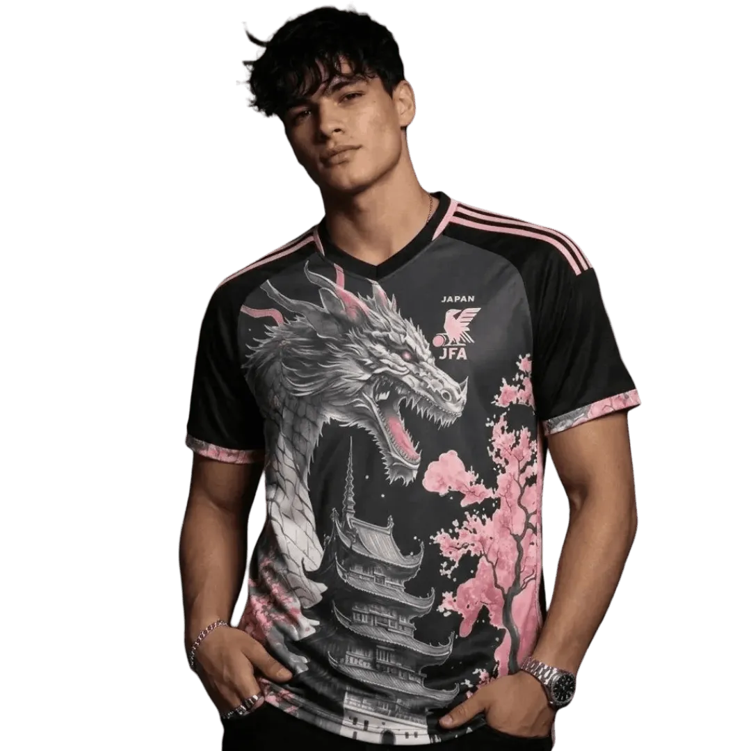 Japan football shirt with dragon artwork worn by model front view