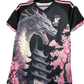 Japan pink dragon football shirt close view with pagoda and blossom details