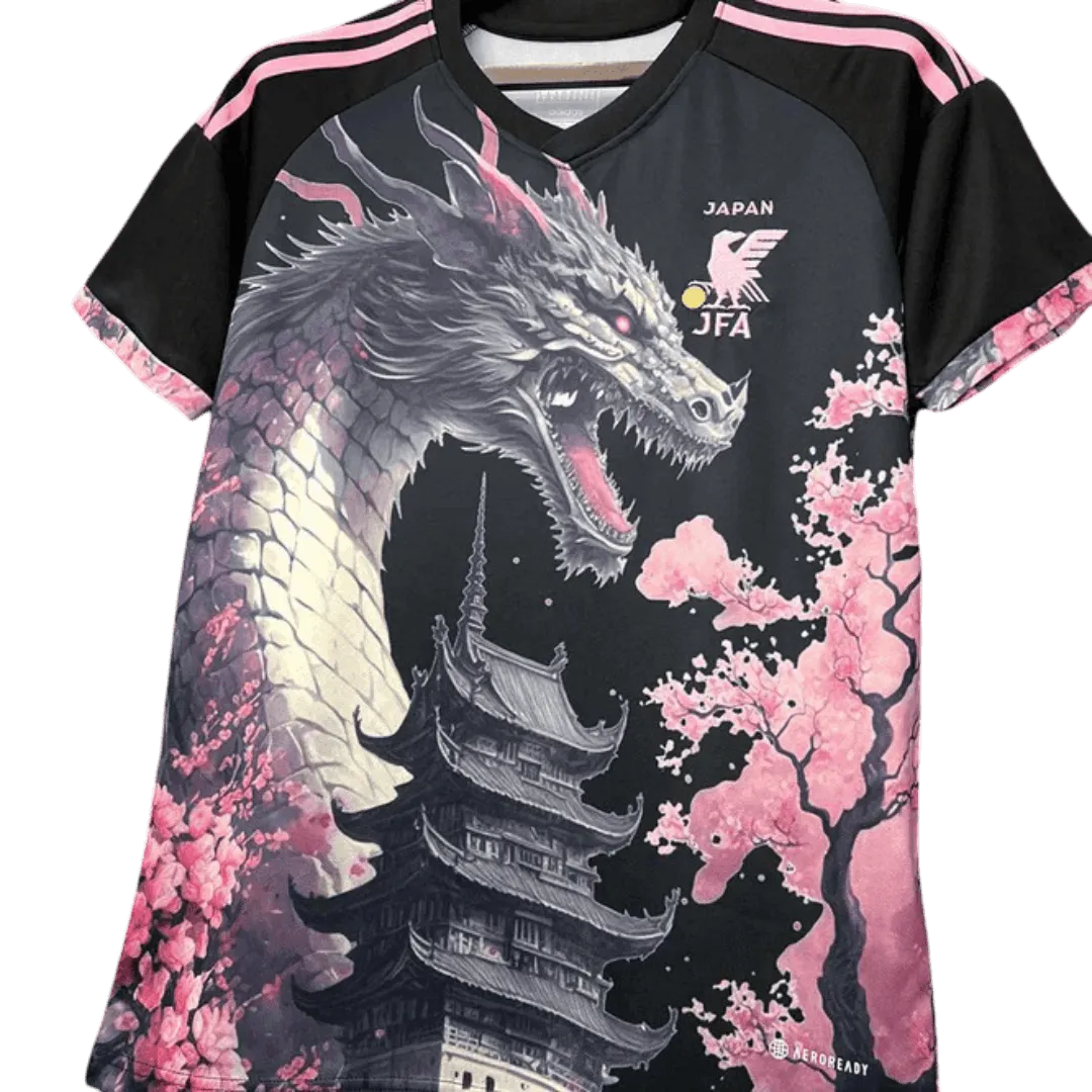 Japan pink dragon football shirt close view with pagoda and blossom details