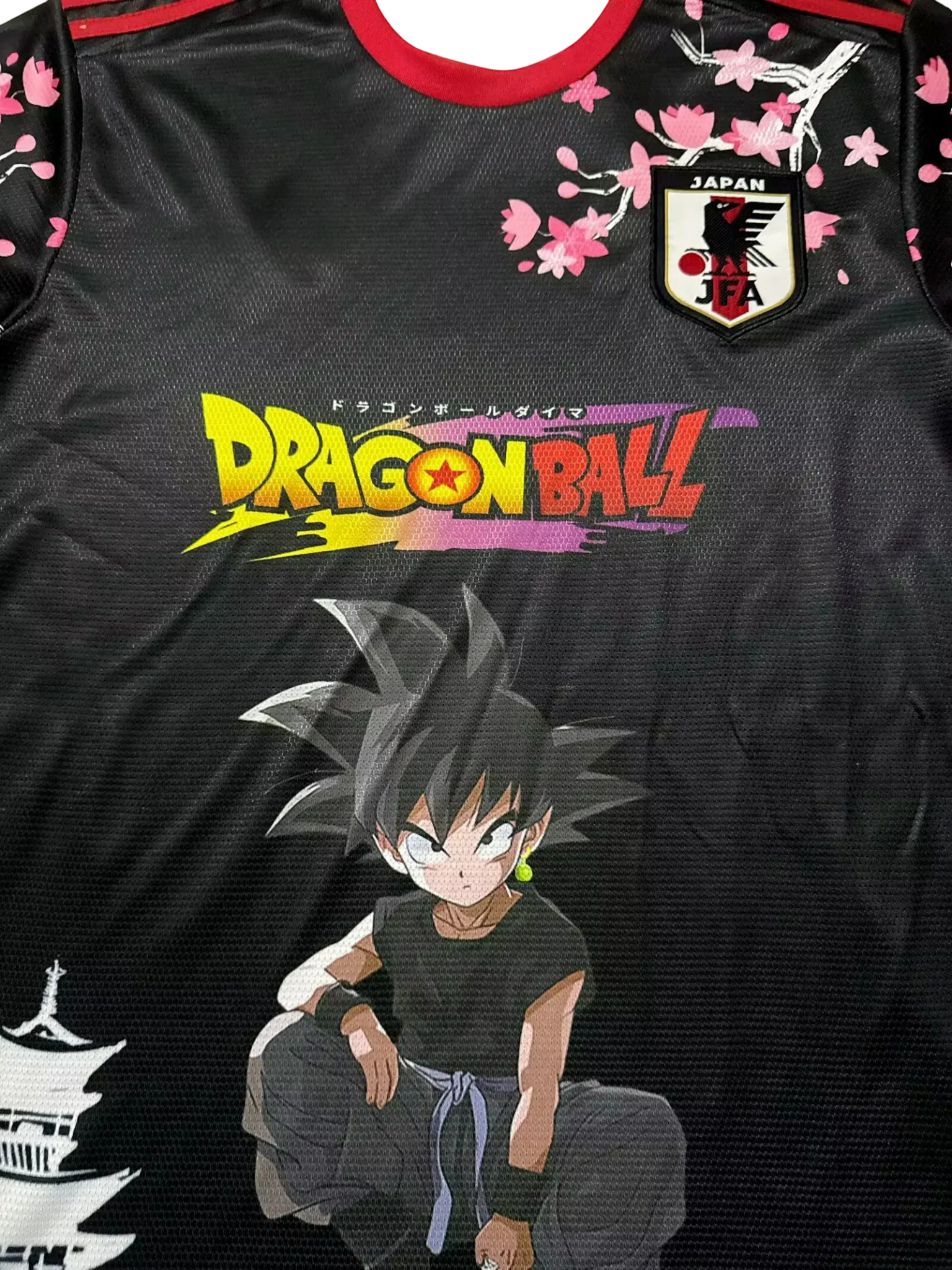 Goku Black Dragon Ball design with sakura flowers on Japan anime jersey