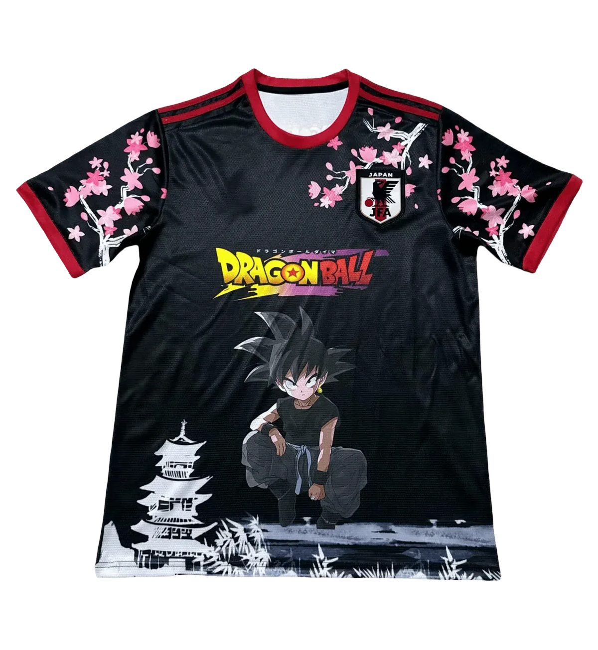 Front view of Japan Goku Black Sakura Edition Jersey – anime soccer design