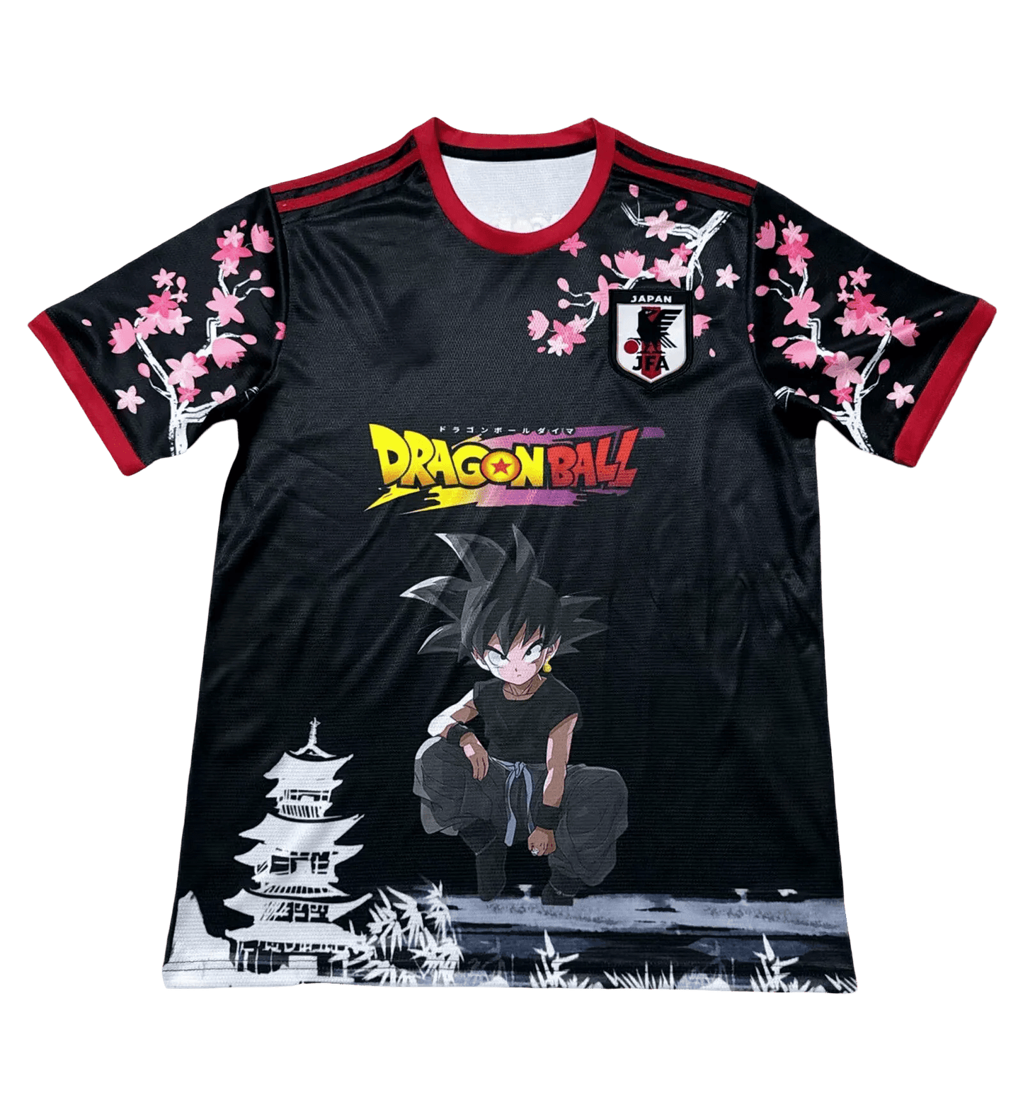 Front view of Japan Goku Black Sakura Edition Jersey – anime soccer design