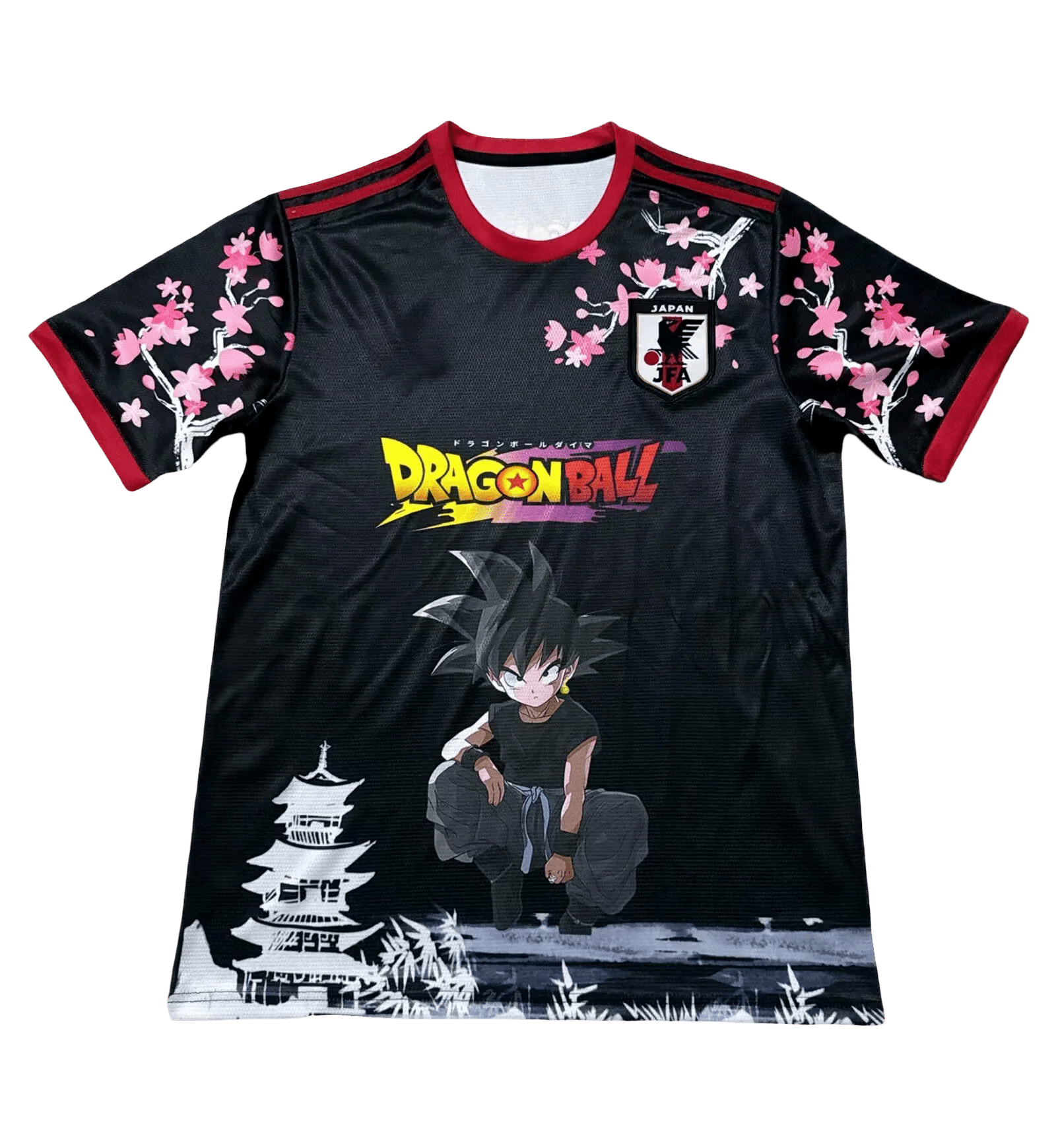 Front view of Japan Goku Black Sakura Edition Jersey – anime soccer design