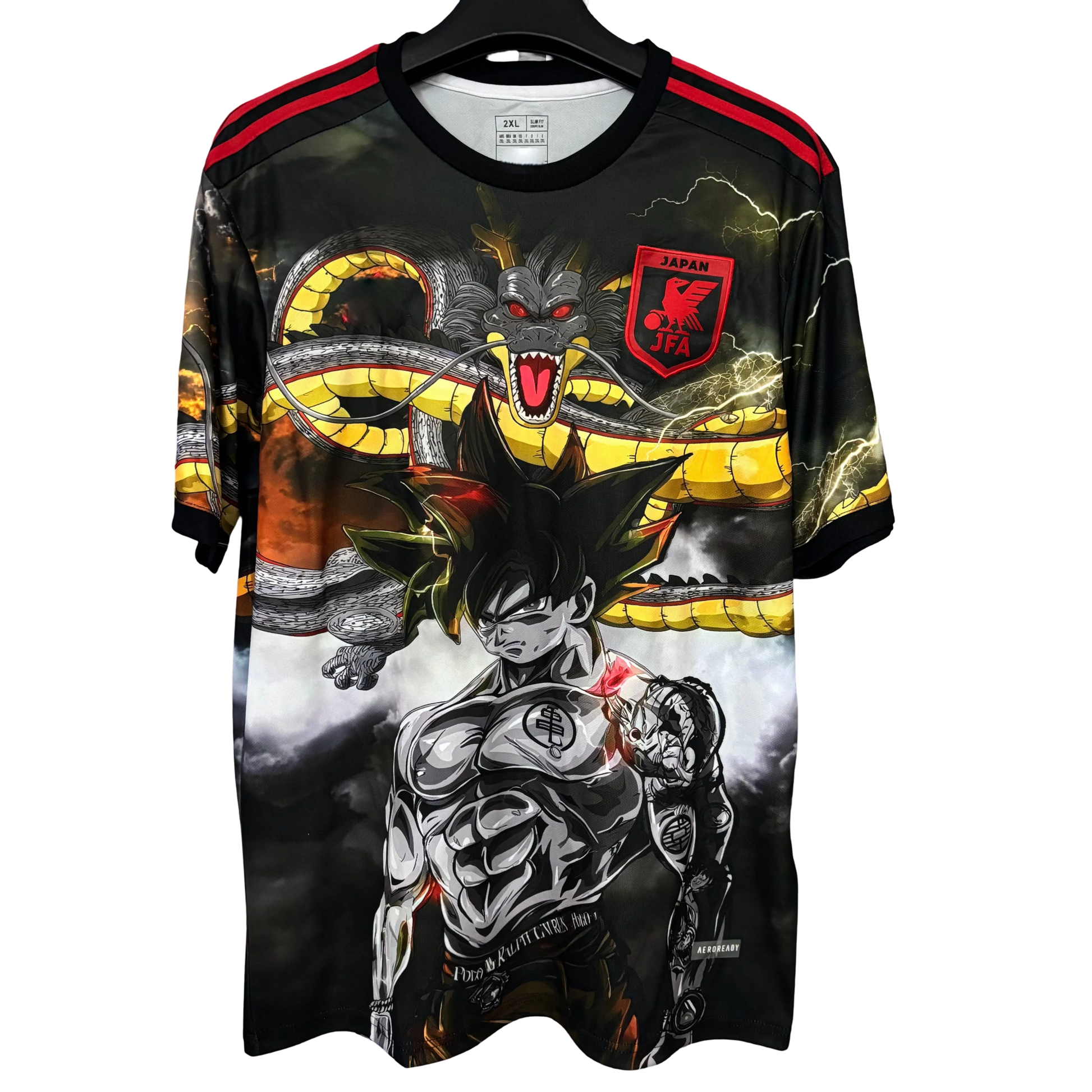 Front view of Japan Goku Black & Shenron Jersey in black and red
