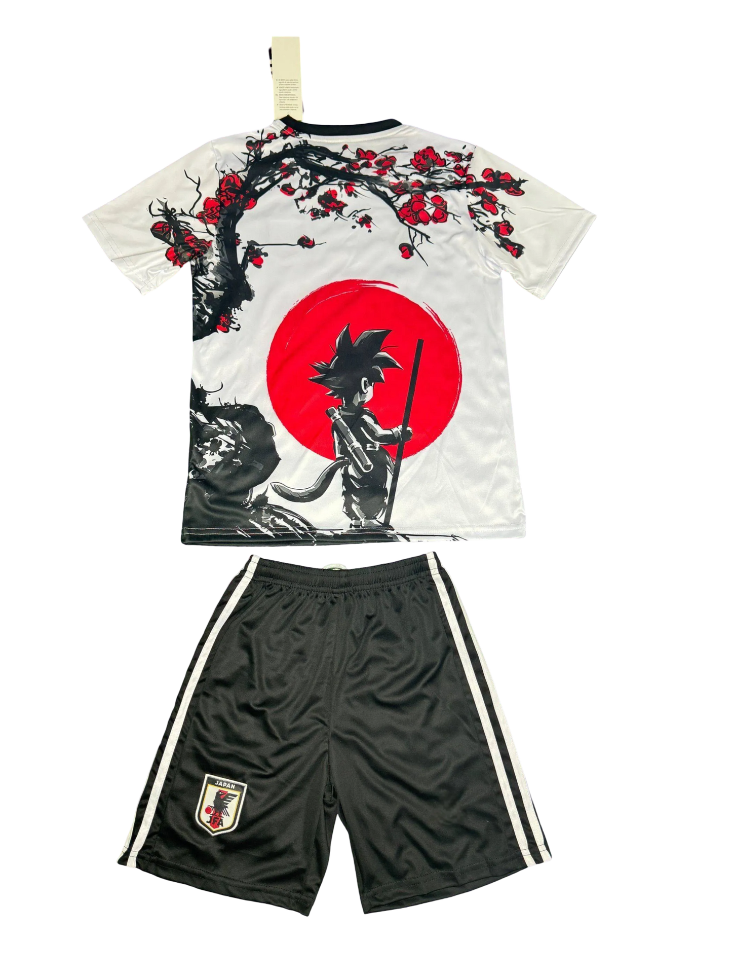 Youth soccer jersey and shorts set featuring Goku and Sakura art