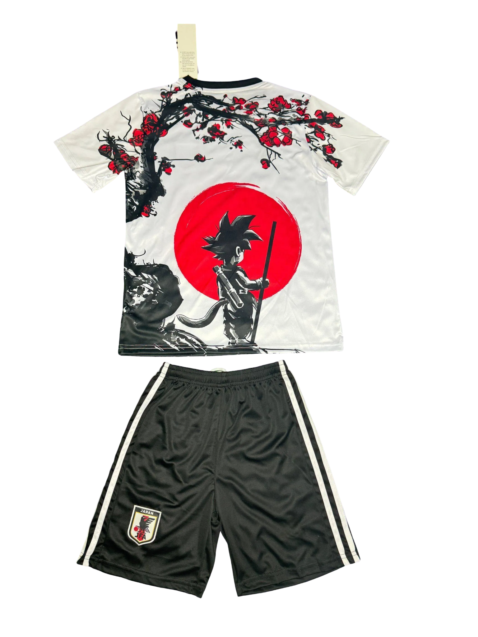 Youth soccer jersey and shorts set featuring Goku and Sakura art