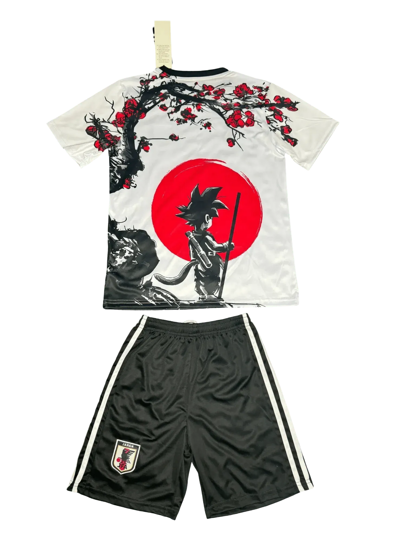 Youth soccer jersey and shorts set featuring Goku and Sakura art