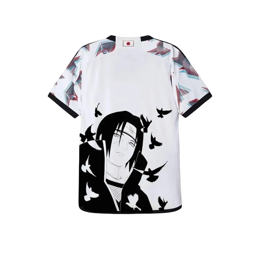 White Japan soccer jersey featuring anime-inspired design with Itachi Uchiha from Naruto, black crows, Konoha symbol
