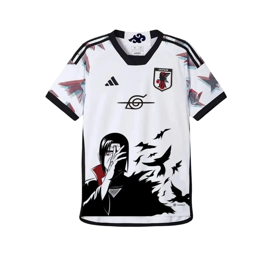 White Japan soccer jersey featuring anime-inspired design with Itachi Uchiha from Naruto, black crows, Konoha symbol, Adidas logo, and Japan national team crest
