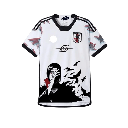 White Japan soccer jersey featuring anime-inspired design with Itachi Uchiha from Naruto, black crows, Konoha symbol, Adidas logo, and Japan national team crest