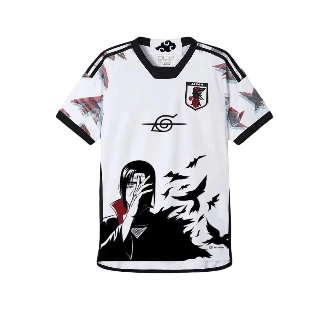 White Japan soccer jersey featuring anime-inspired design with Itachi Uchiha from Naruto, black crows, Konoha symbol, Adidas logo, and Japan national team crest