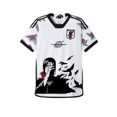 White Japan soccer jersey featuring anime-inspired design with Itachi Uchiha from Naruto, black crows, Konoha symbol, Adidas logo, and Japan national team crest