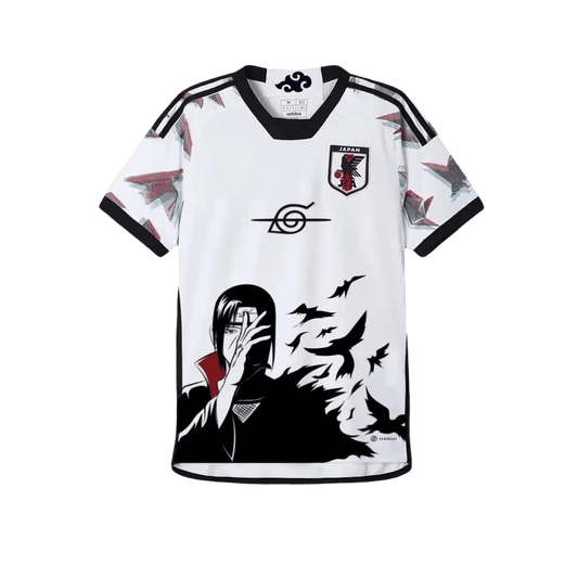 White Japan soccer jersey featuring anime-inspired design with Itachi Uchiha from Naruto, black crows, Konoha symbol, Adidas logo, and Japan national team crest