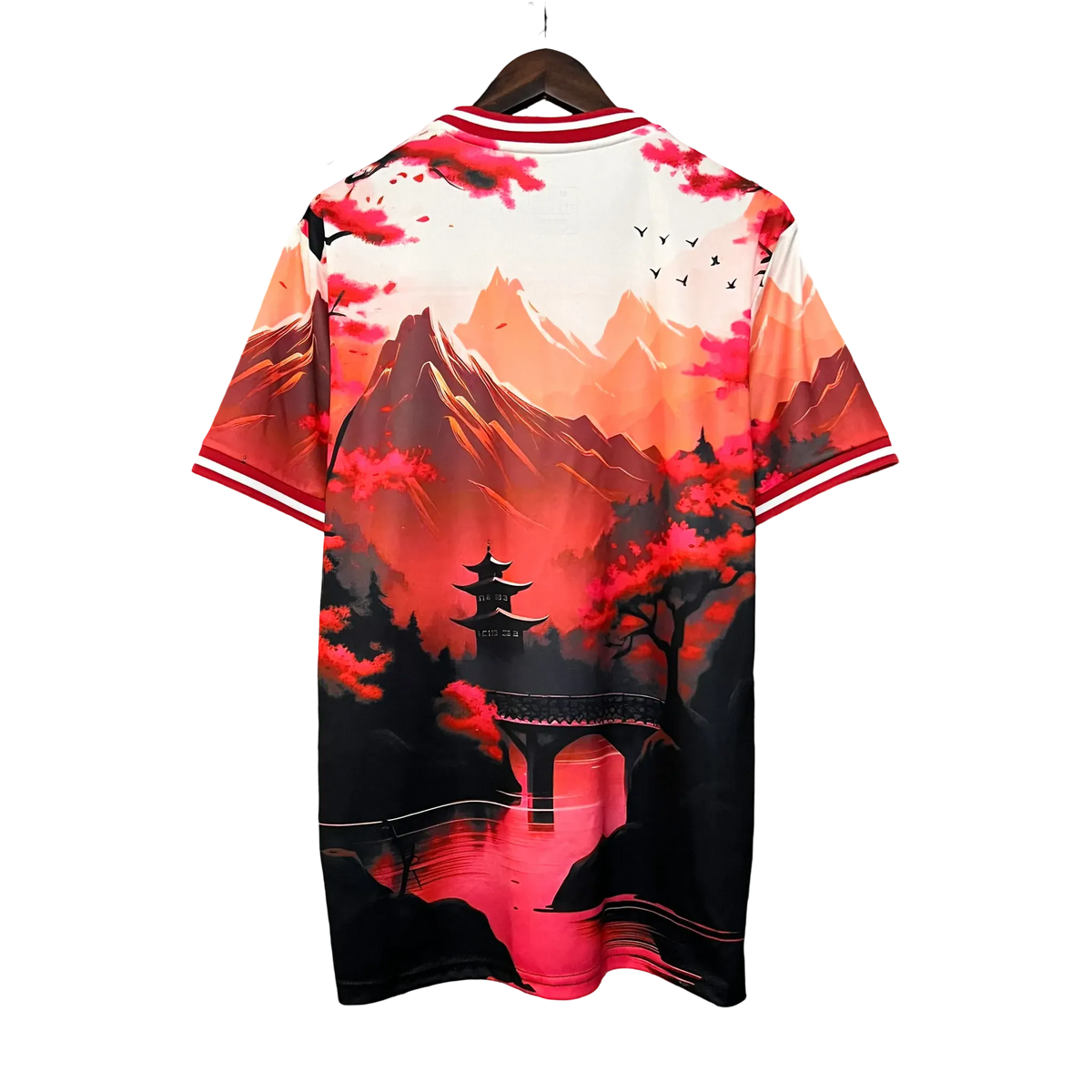 Close-up traditional brushstroke art patterns on Japan KYOTO RED Jersey showing authentic Japanese calligraphy technique details