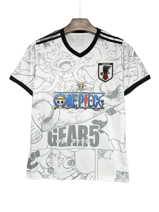 Luffy Gear 5 White Jersey with detailed sketch Liberation artwork and JFA logo by NipponKits Store