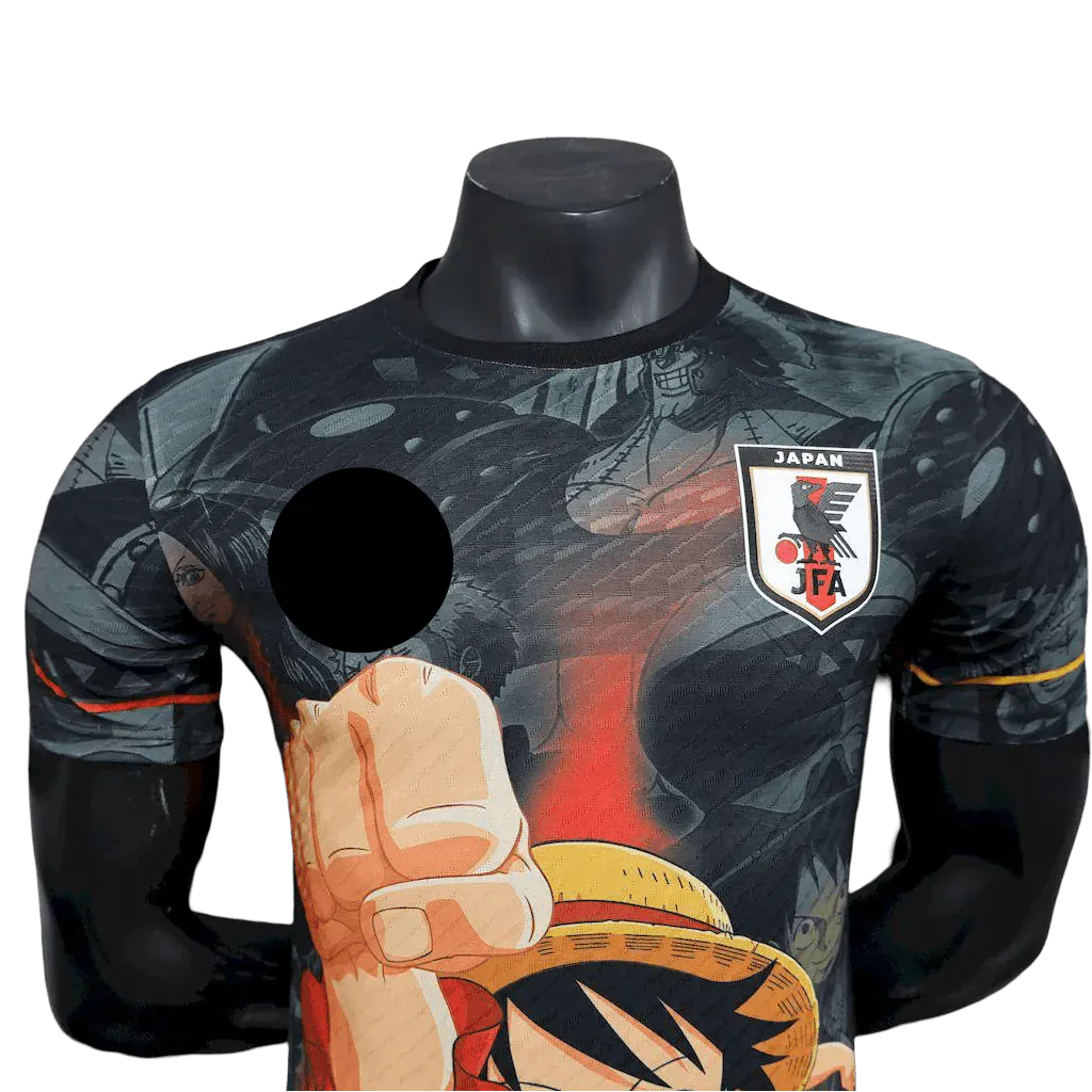 One Piece Luffy Straw Hat soccer jersey featuring iconic captain design with flame artwork