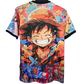 Japan soccer jersey featuring Luffy artwork and graffiti background