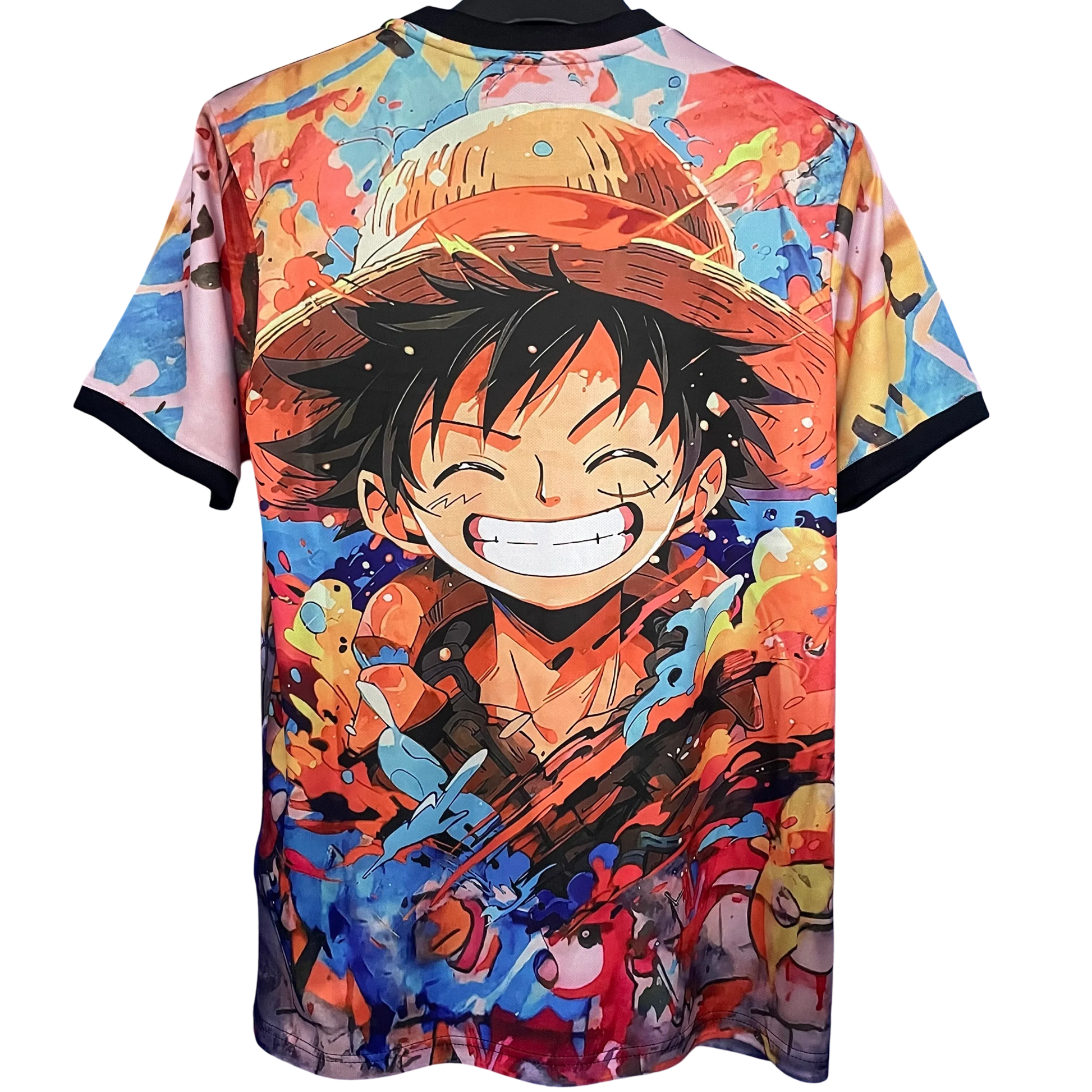 Japan soccer jersey featuring Luffy artwork and graffiti background